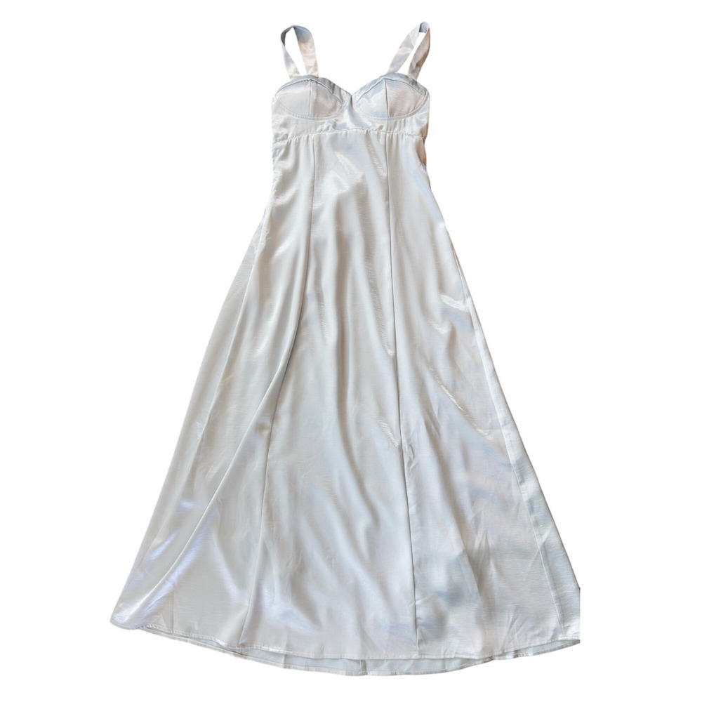 Cider Maxi Dress Women XS Baby Blue Satin Corset Lace Up Back Flaw NEW